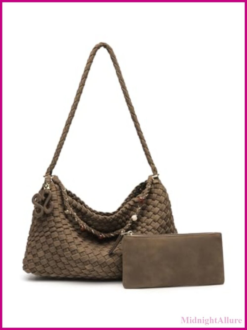 Faux Suede Woven Hobo Shoulder Bag Handmade Tote Purse 2-in-1